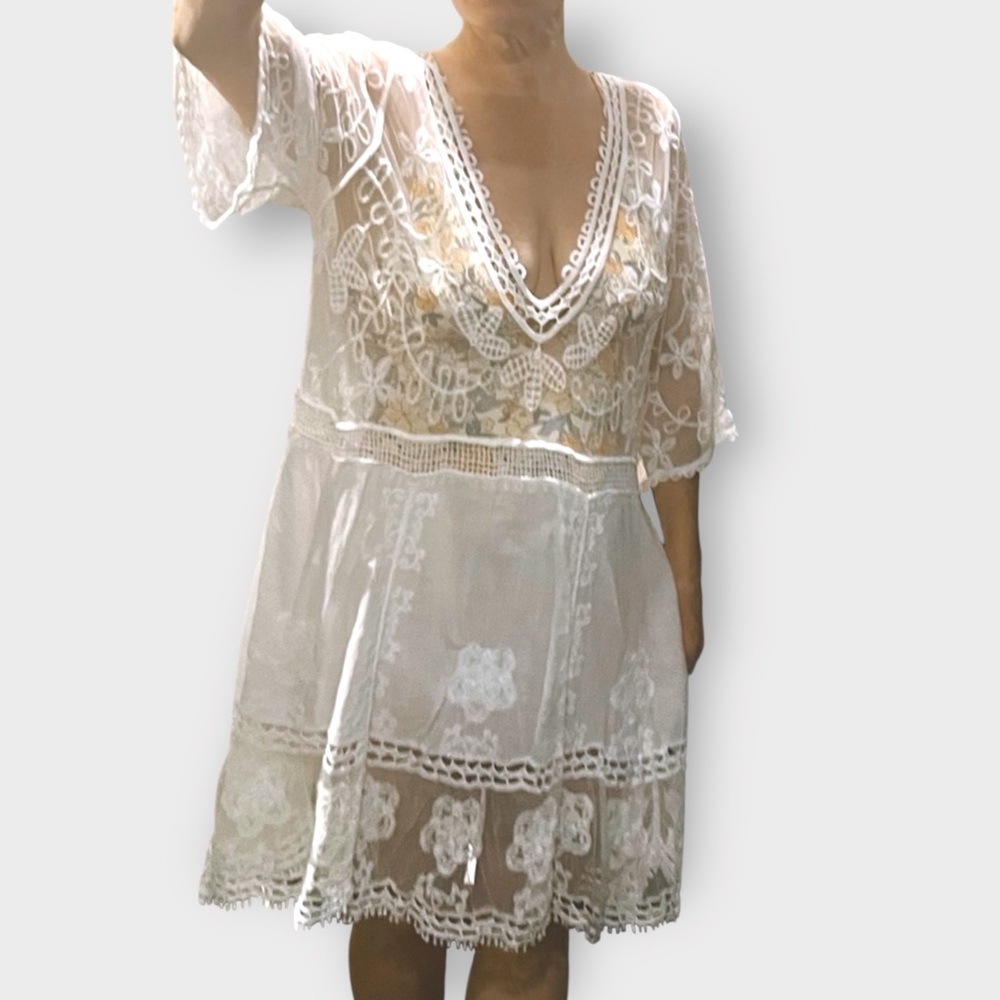 White Embroidered Mesh Tunic Dress Top Cover up | one size | crochet